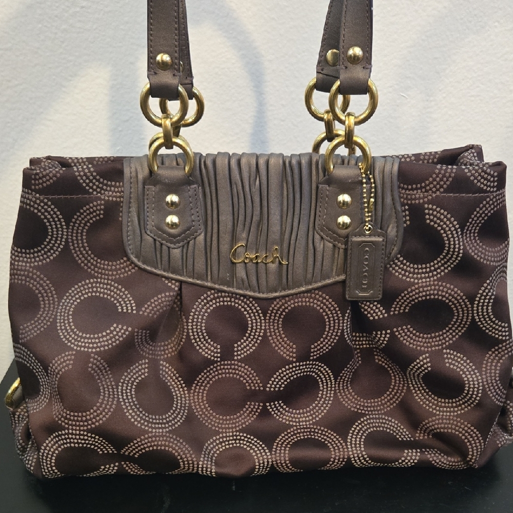 Coach Brown and Gold Shoulder Bag with Signature Monogram